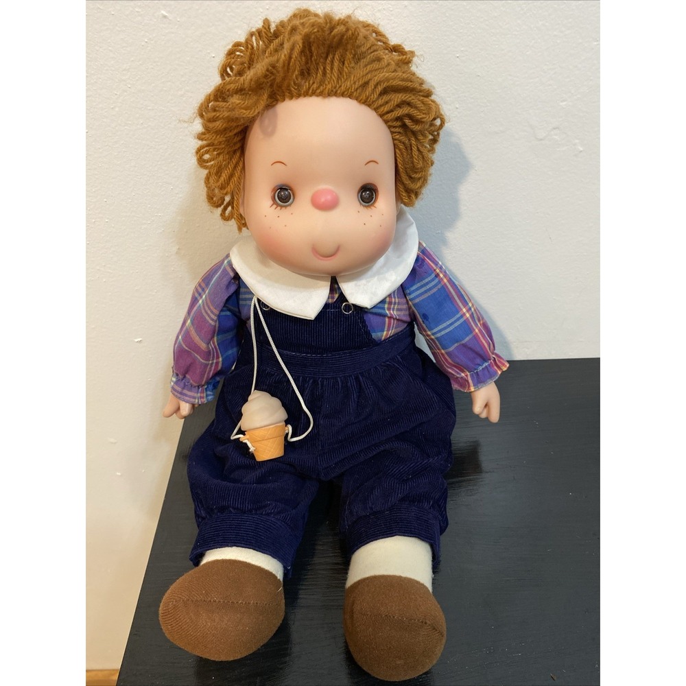 Vintage Ice Cream Doll Boy Brown Yarn Hair Blue Overalls Ice Cream Necklace Rare